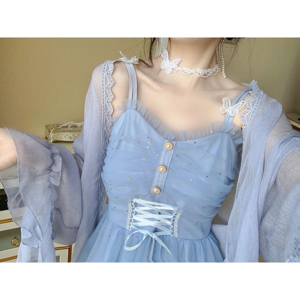 Váy hai dây tiểu thư màu xanh lấp lánh xinh xắn