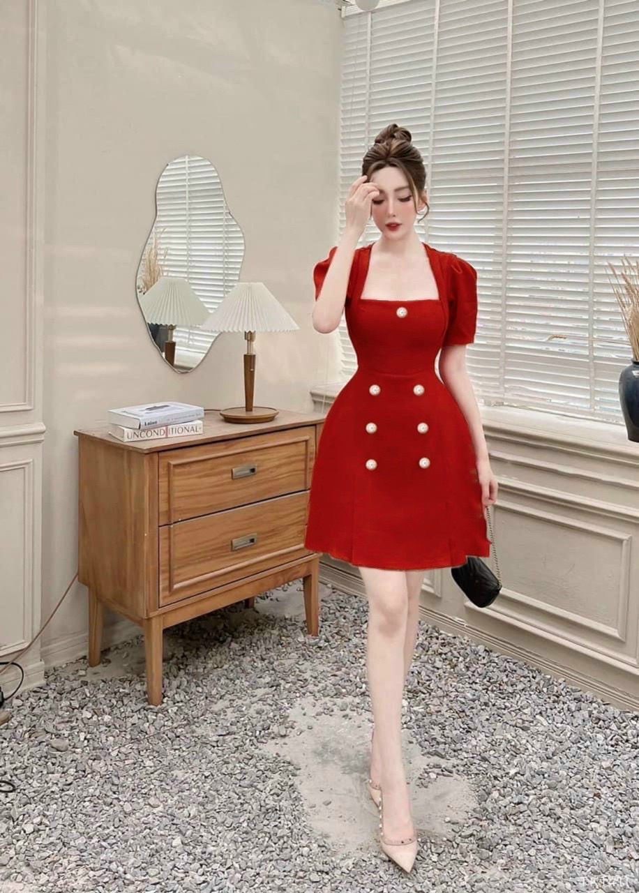 Đầm xốp cổ vuông đính nút sang trọng đầm dự tiệc đơn giản