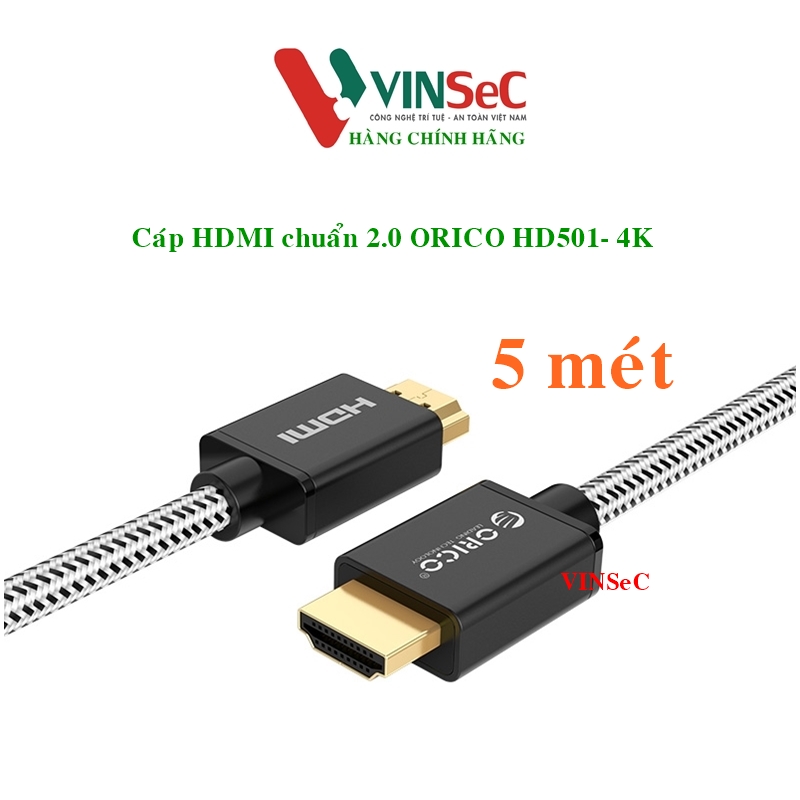 Cáp HDMI ORICO HD501-50-BK - chuẩn 2.0 4K/30Hz (dây dù) 5 mét - Hàng Chính Hãng