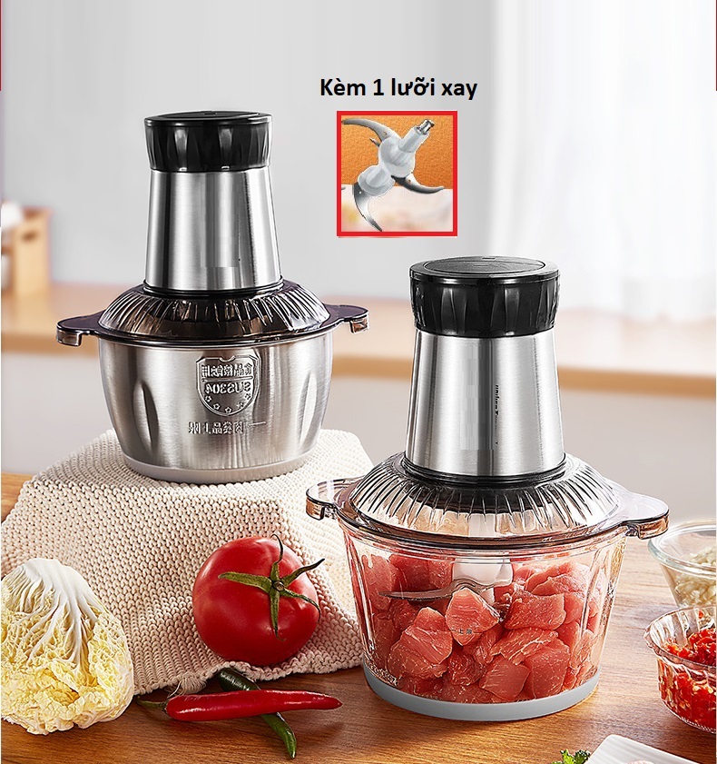 Máy Xay Thịt Cối Inox 4 Lưỡi Đa Năng, Công suất 200W- Xay thịt, xay tỏi ới, xay rau củ quả