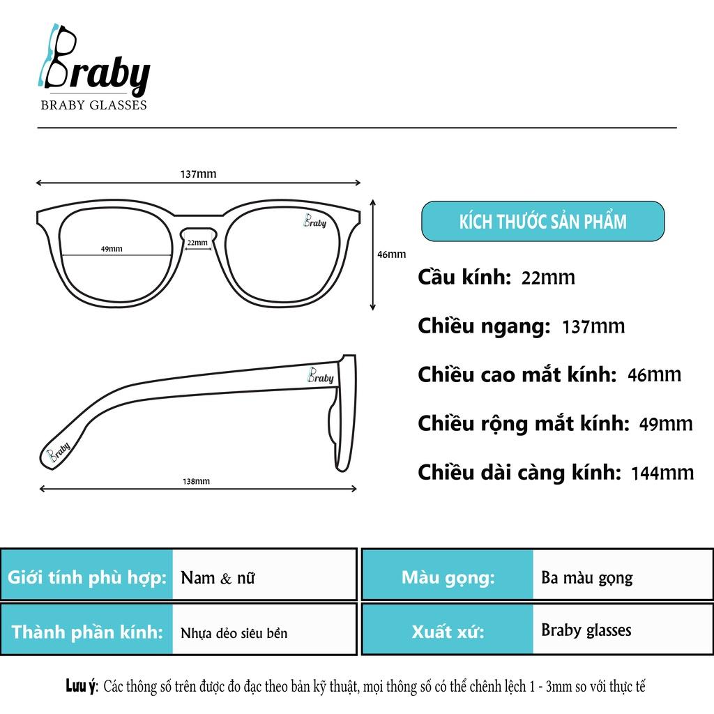 Gọng kính mắt tròn trong suốt nhựa dẻo không gãy siêu nhẹ Braby cầu kính kim loại nổi bật thời trang nam nữ MK24