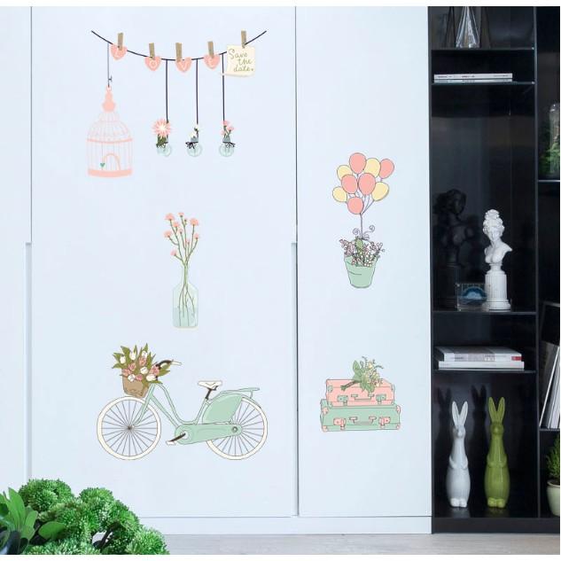 Decal dán tường trang trí - Xe Đạp và nhiều chậu hoa dịu dàng