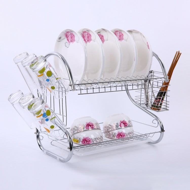 Kệ để chén đĩa 2 tầng bằng inox, Giá úp bát đĩa có ống cắm đũa tiện dụng