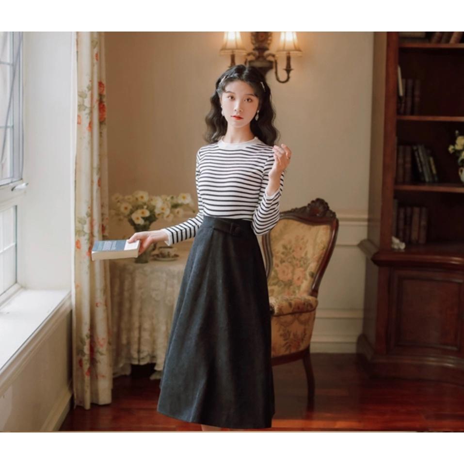 MS708 Áo len nữ dệt kim kẻ ngang cổ xoăn Quảng Châu