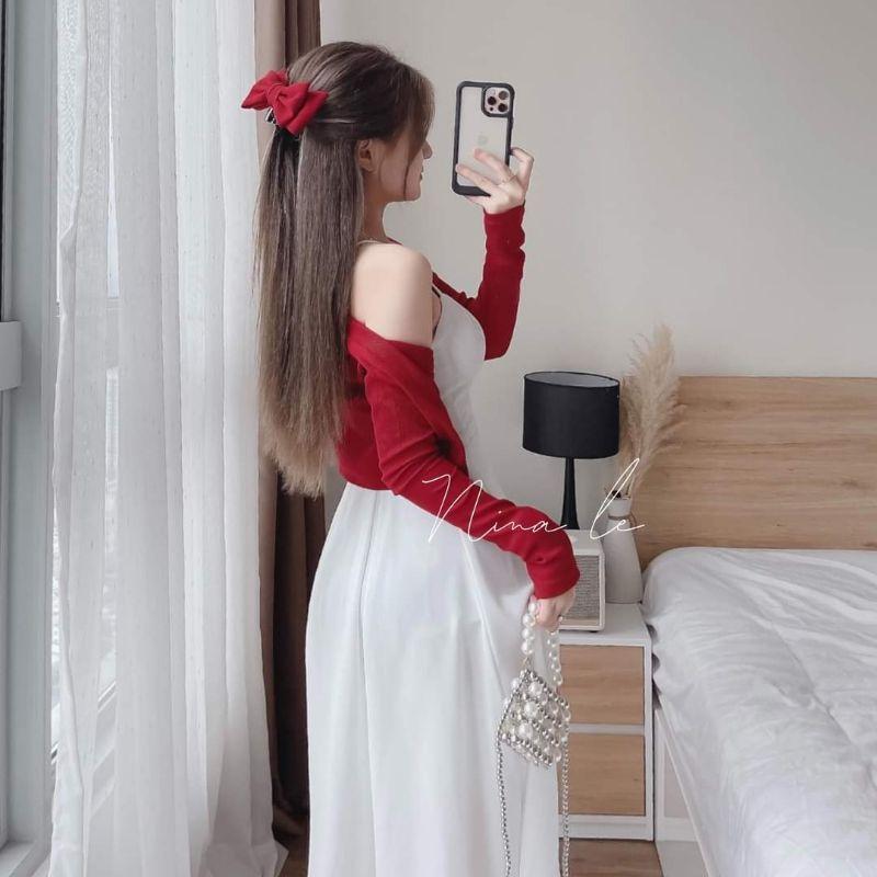 SET ĐẦM XẾP LY 2S VỚI ÁO KHOÁC ĐỎ CROPTOP