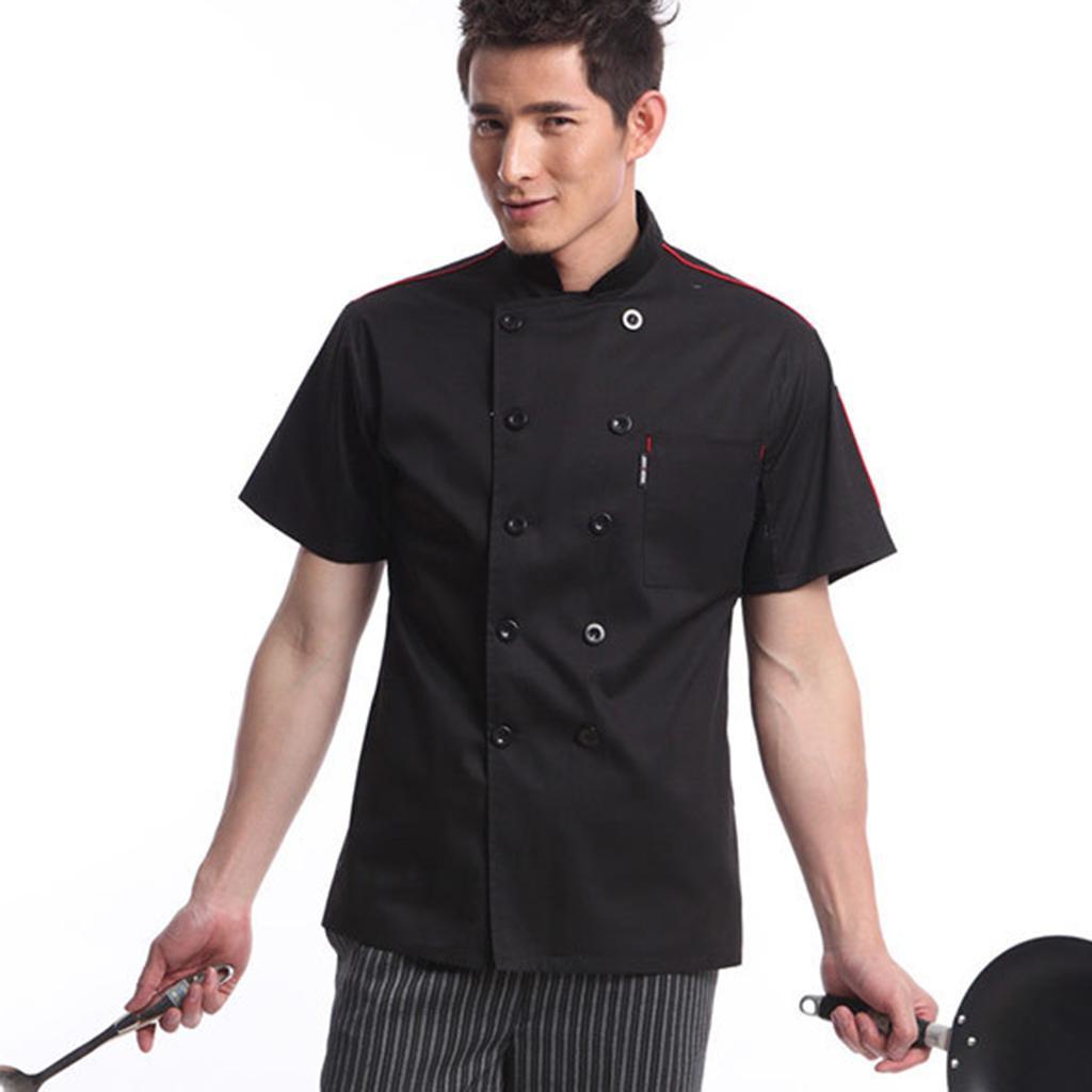 Fashion Beret Chef Hat Chef Coat Jacket Net Short Sleeve with Pen Pockets Chef Wear Professional Kitchen Uniforms M
