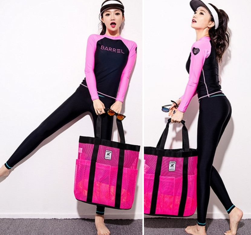 Set Đồ Bơi Ba Chi Tiết Đồ Bơi Nữ Tay Dài Quần Dài Màu Hồng Đen Chủ Đạo AT205 MayHomes Black-Pink Colored Long Sleeves And Long Pants Women Swimwear Set, UPF 50 Sun Protection