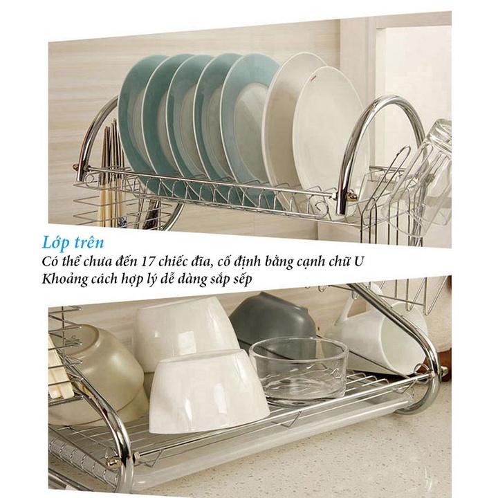 Giá kệ úp bát đĩa inox 2 tầng hình chữ S đa năng, có ống đựng đũa và giá treo ly bên hông