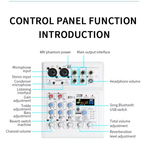 Bàn Mixer E4 mini - 88 chế độ vang, 3 kênh (2 mono, 1 stereo) - Tích hợp nguồn 48V dành cho micro thu âm - Đầy đủ kết nối Bluetooth, USB, XLR, 6.5mm, Canon - Mixer chuyên dụng cho loa kéo, dàn karaoke gia đình, thu âm, livestream - Hàng nhập khẩu