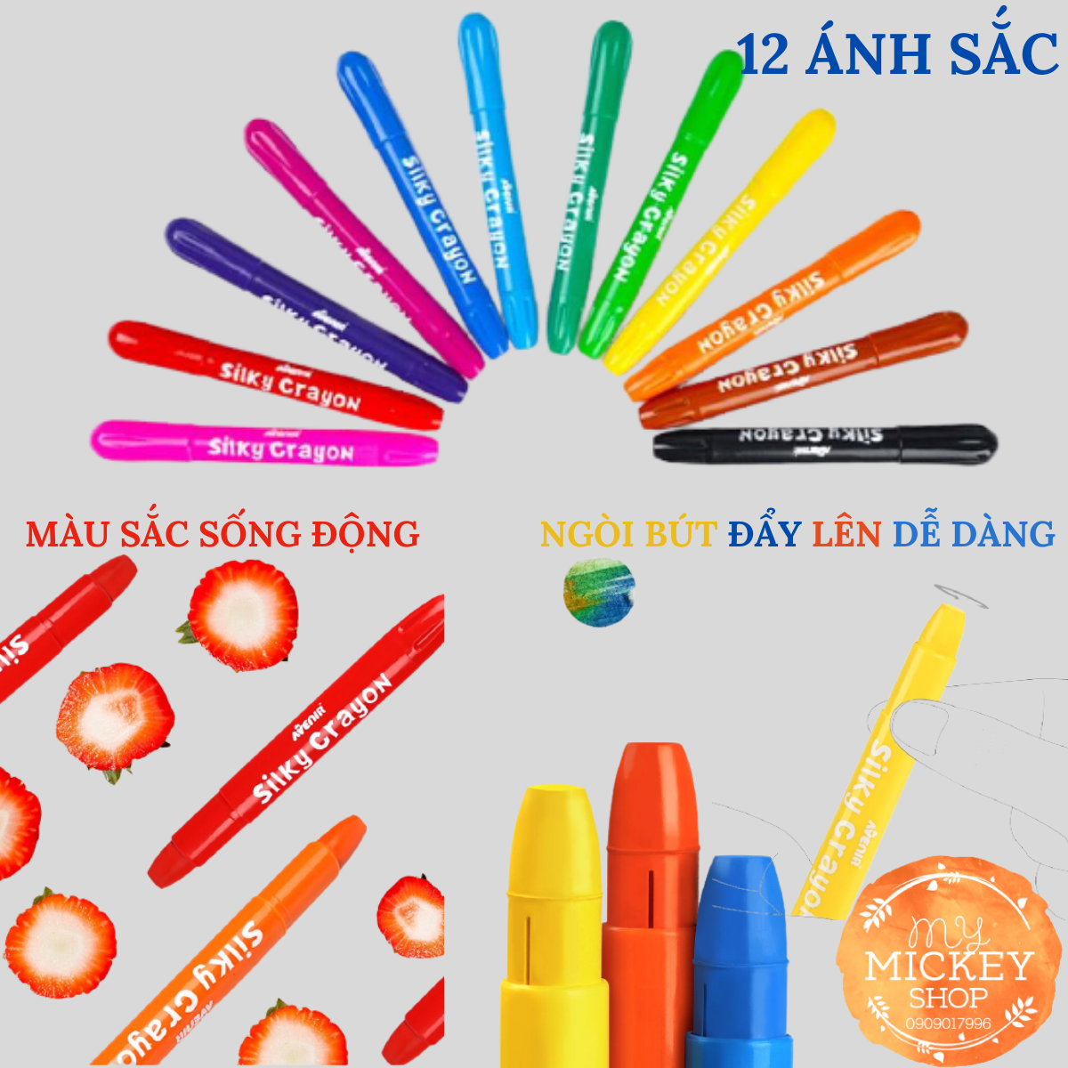 Hộp bút sáp dầu 12 màu Avenir có 6 mẫu cho bé lựa chọn - Avenir Silky Crayon My Mickey Shop