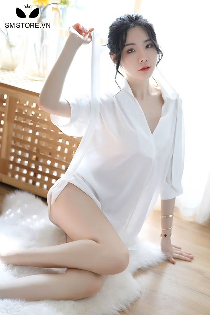 Váy ngủ mỏng sexy quyến rũ với cổ chữ V, nơ thắt eo - SMS041