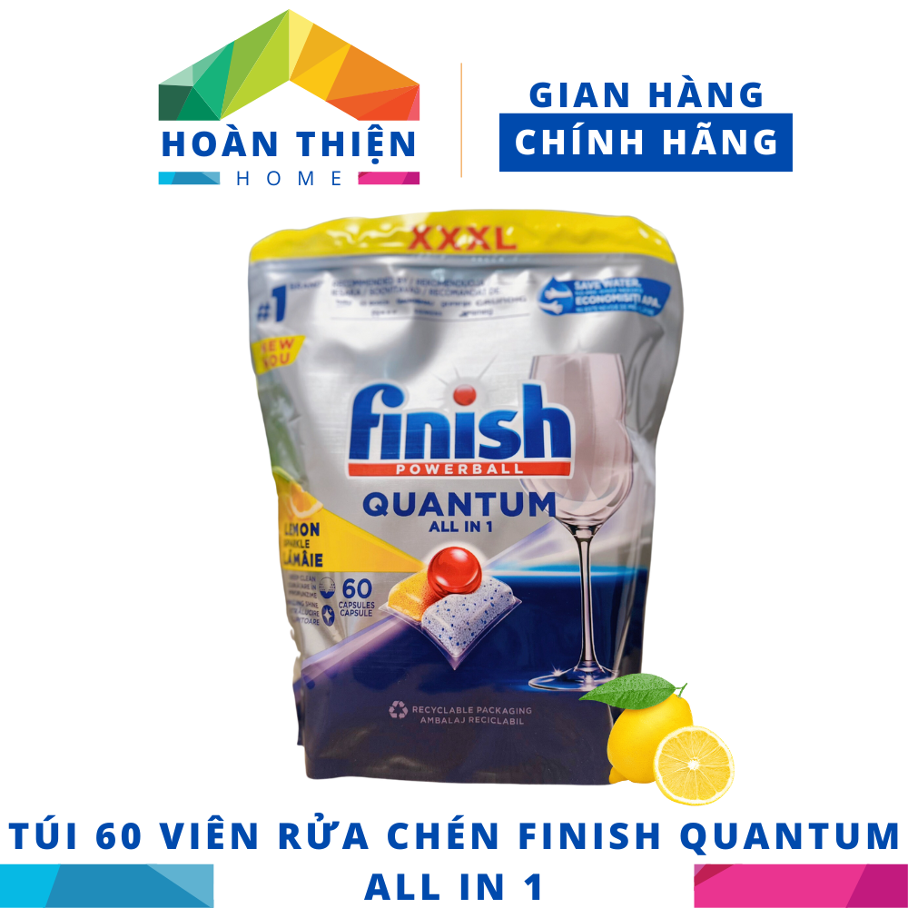 Túi 60 viên rửa chén Finish Quantum All in 1 (Hương Chanh) – Dành cho máy rửa chén bát gia đình Châu Âu