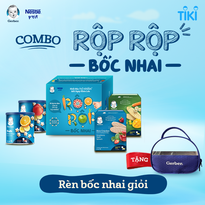 Rộp rộp bốc nhai - C4 - 2 Bánh ăn dặm Gerber Vị Chuối Cam/ Chuối Táo + 2 Bánh gạo ăn dặm Gerber Vị Dâu Táo Cải Bó Xôi/ Chuối Xoài Cà rốt + Tặng 1 Túi xách cho mẹ