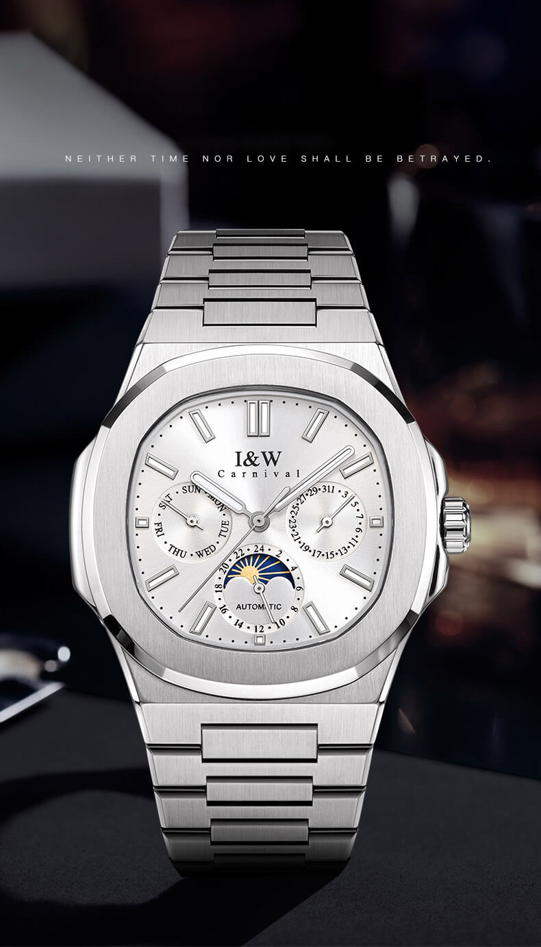 Đồng hồ nam chính hãng I&W CARNIVAL 55886G-5 mặt trắng size mặt 42mm,kính sapphire ,chống nước 50m,dây thép không gỉ