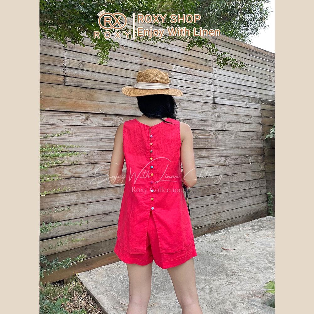 Set Bộ Đồ Nữ Linen Sát Nách Roxy, Dáng Yếm Nút Xẻ Sau Trẻ Trung Năng Động