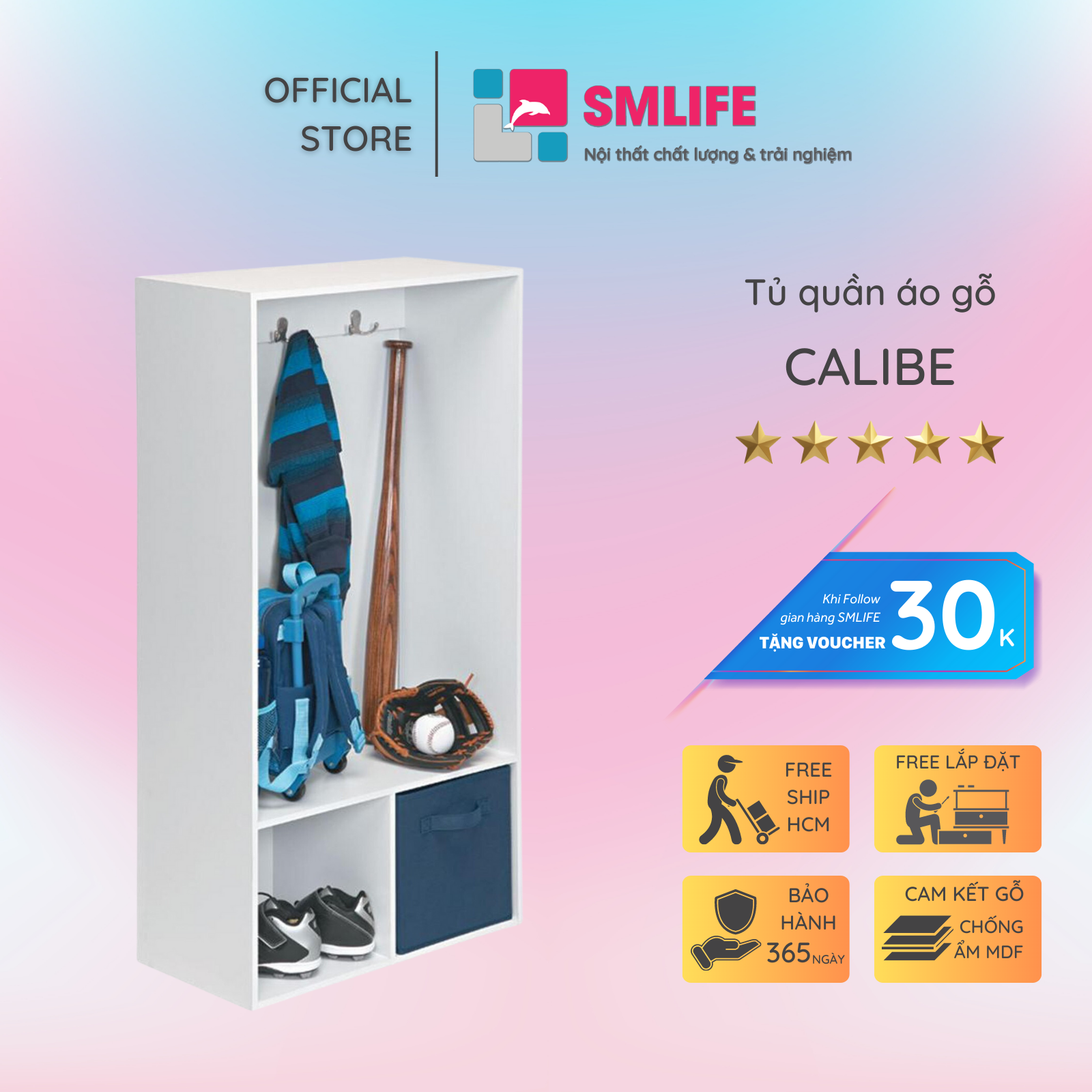Tủ quần áo gỗ hiện đại Calibe | Gỗ MDF dày 17mm chống ẩm | D60xR30xC120cm
