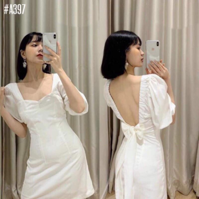 Đầm trắng cổ vuông khoét lưng có size