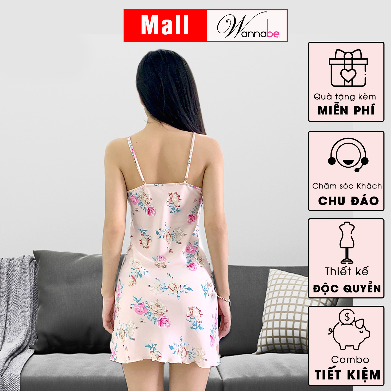 Đầm ngủ WANNABE DNW01 váy ngủ hai dây đơn giản vải lụa mango mịn, mát họa tiết bông hoa xinh xắn chăm sóc giấc ngủ