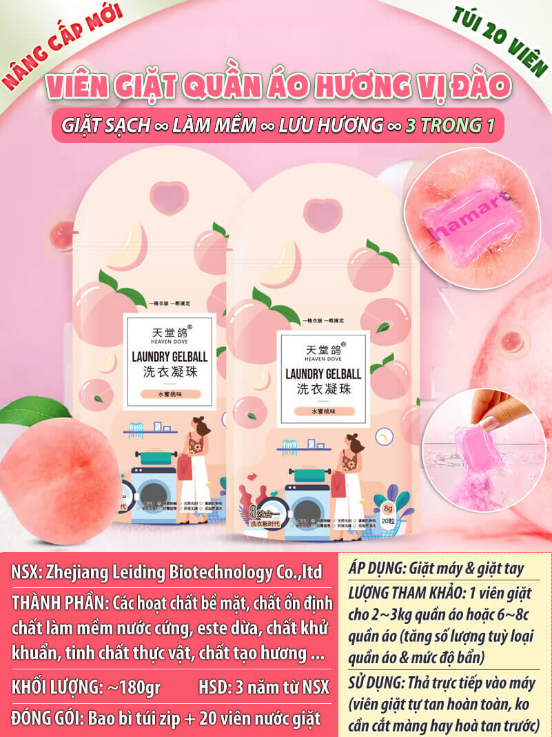 Túi 20 Viên Nước Giặt Quần Áo Hương Đào Heaven Dove 3 Trong 1 Hạt Giặt Xả Đồ Lưu Hương Tiện Lợi