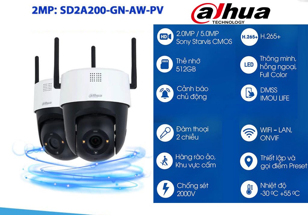 Camera PTZ Wifi DAHUA SD2A 2MP/5MP Ngoài Trời, Xoay 360 - Hàng chính hãng