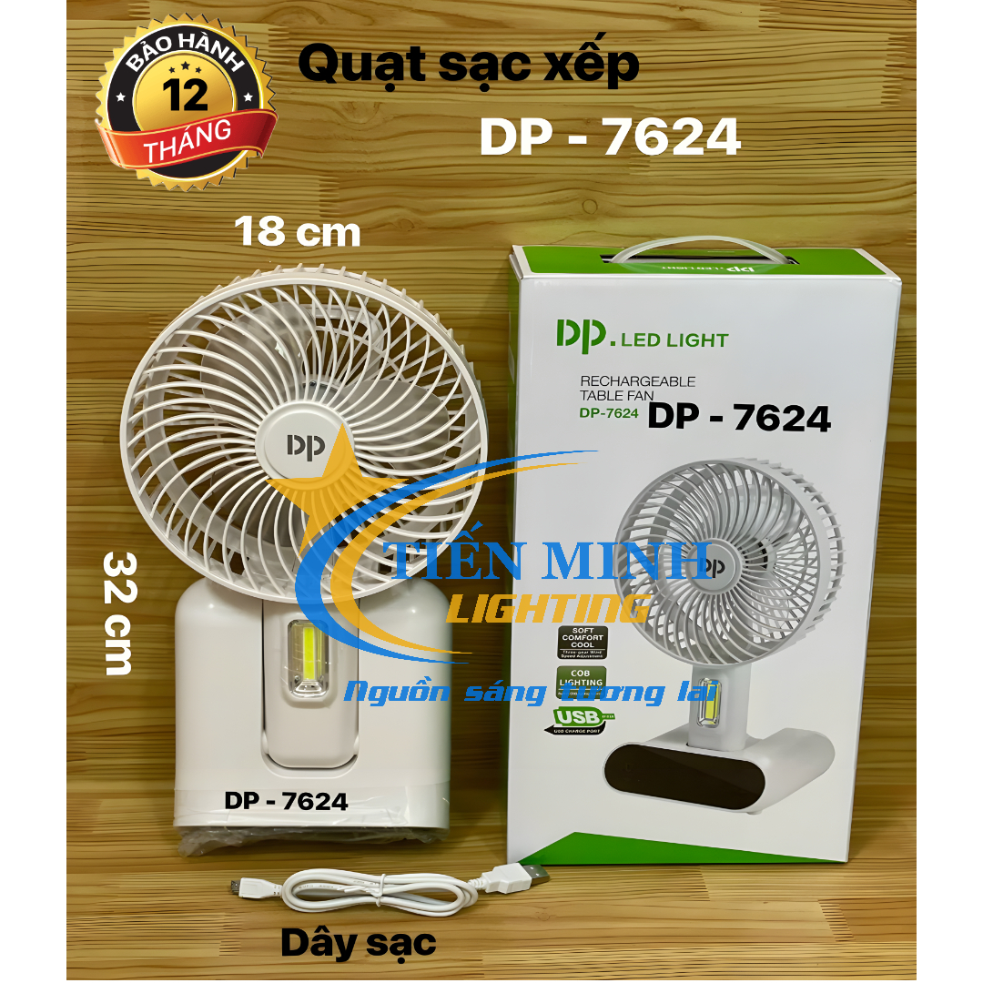 Quạt Sạc Xếp DP-7624, dung lượng pin 3000 mAh, chế độ quạt mạnh/mát/yếu, thiết kế 3 cánh siêu mát với 3 cấp độ gió