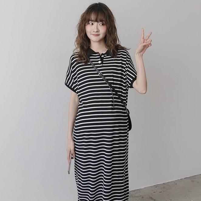 Váy bầu thiết kế dáng maxi chất liệu thun kẻ co giãn