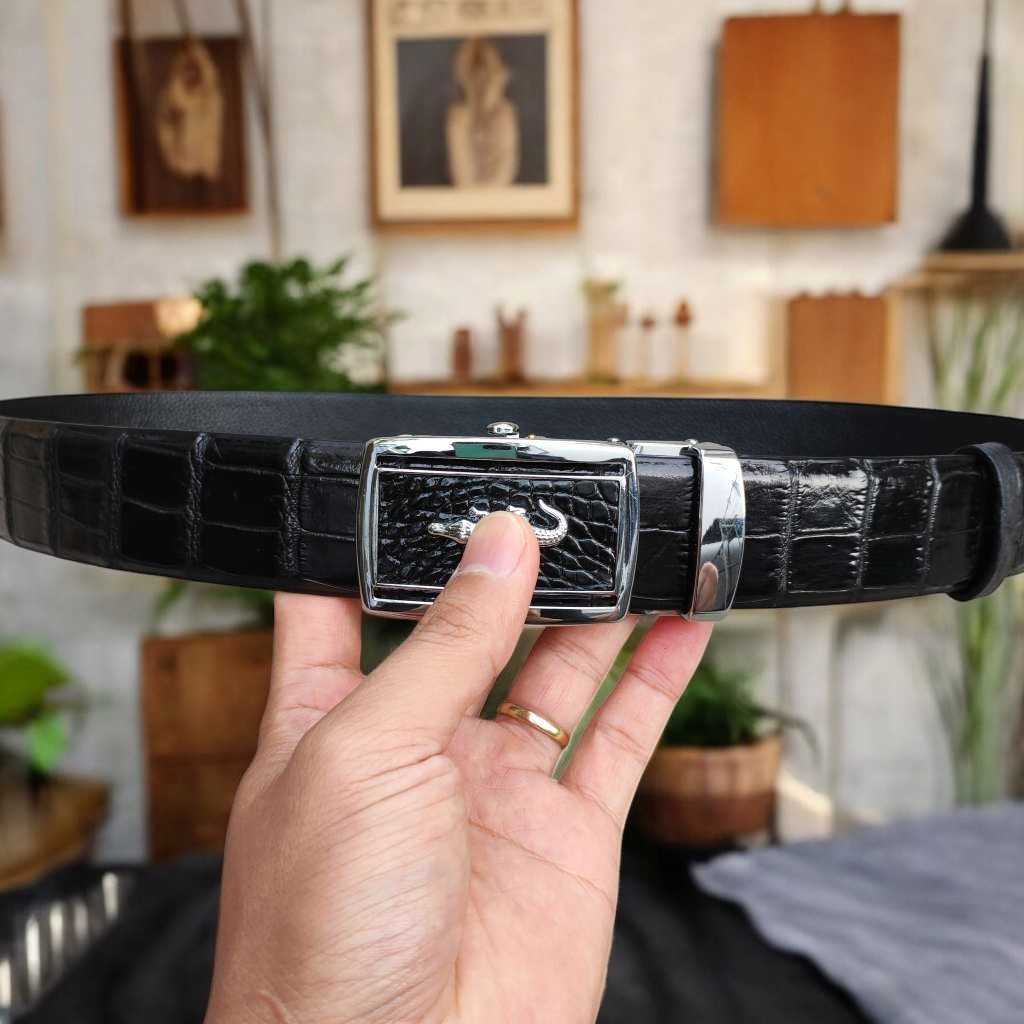 Dây lưng da cá sấu BẢN LỚN phù hợp bụng bia. Da bụng có vân đẹp linh hoạt! (mặt bạc)