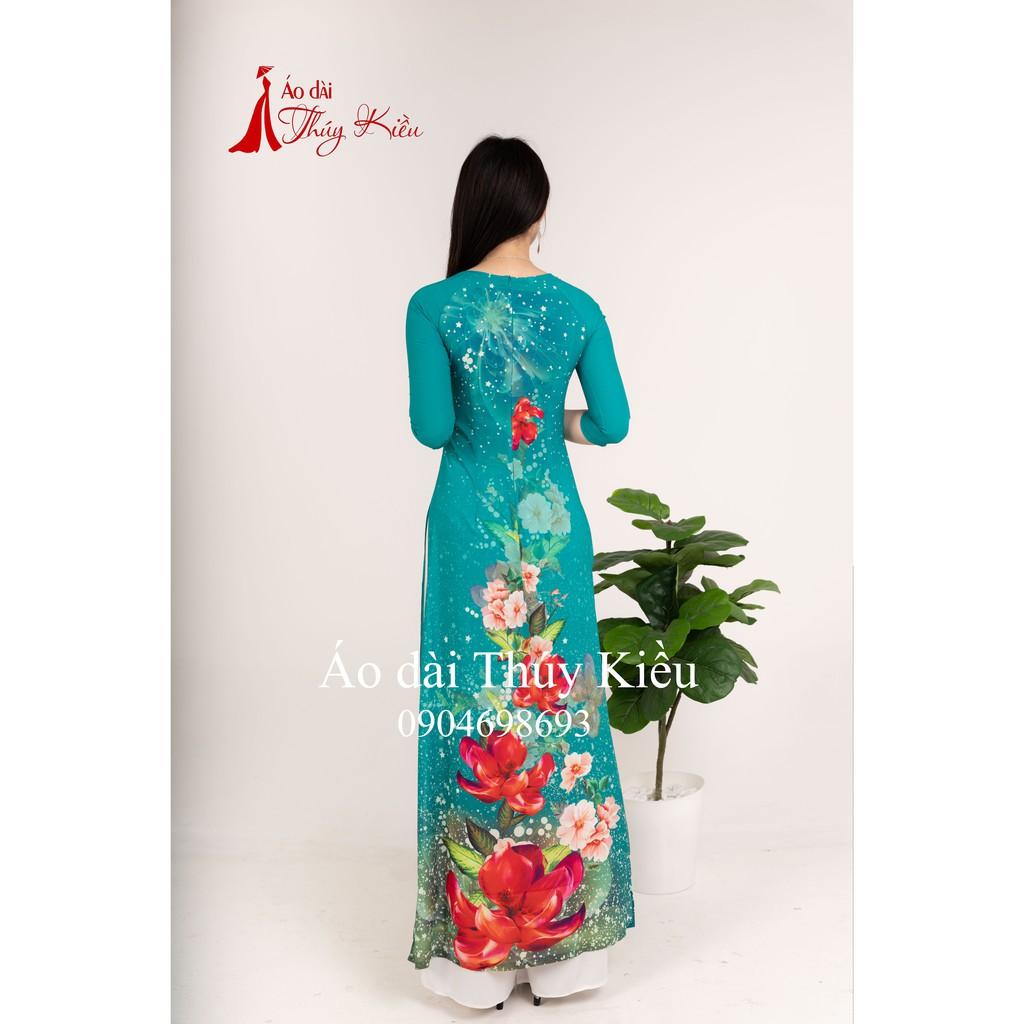 Áo dài in 3D lụa Nhật xanh ngọc hoa đỏ