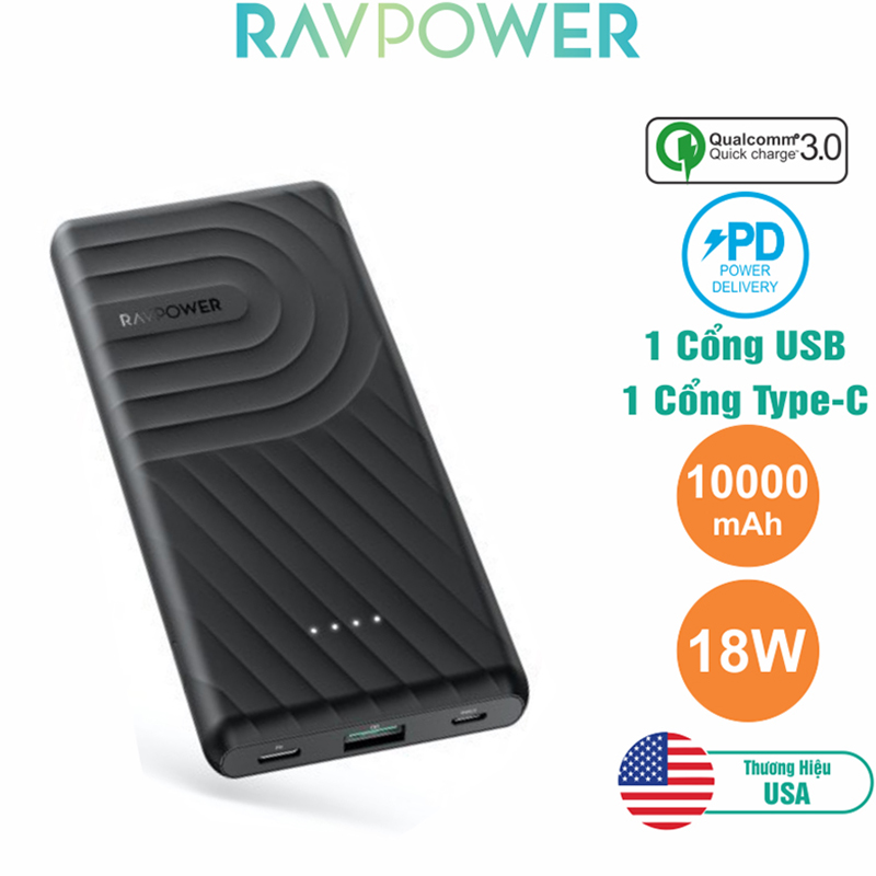 Pin Sạc Dự Phòng RAVPower 10000mAh In/Out Type-C PD 18W, Quick Charge 3.0  - RP-PB195 - Hàng Chính Hãng