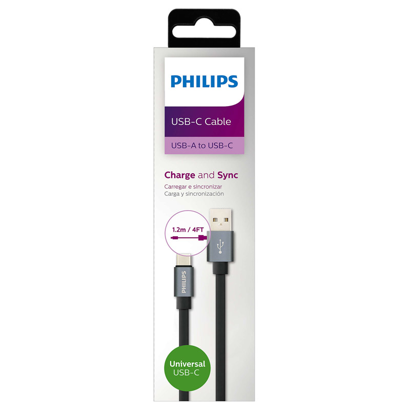 Cáp sạc nhanh cổng typeC Philips DLC2528F dài 1.2m hỗ trợ sạc nhanh Quick Charge - dây dẹp đàn hồi cực tốt (đen) Hàng Chính Hãng