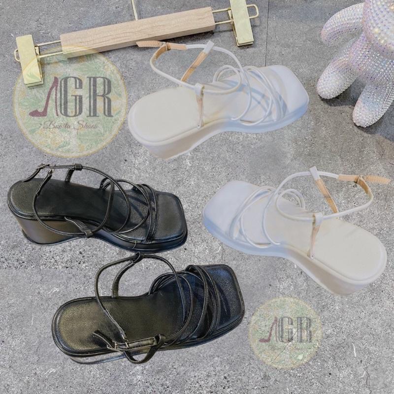 Sandal xuồng đan dây mảnh da mềm cao 7 cm