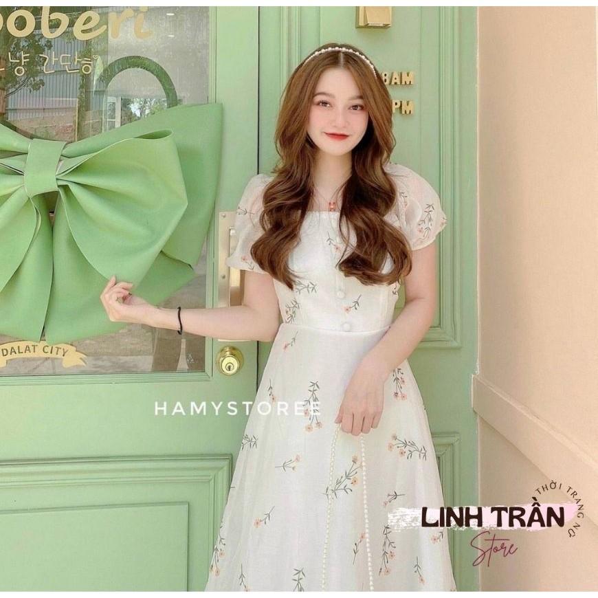 Đầm Midi Hoa Cổ Vuông Phối Ren Váy Hoa Dáng Midi Phối Ren Linh Trân Store