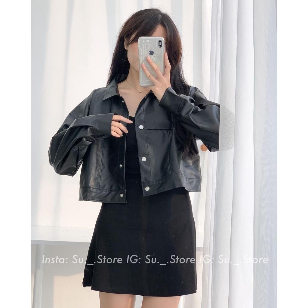 ÁO KHOÁC DA DÁNG CROPTOP DÀI DAY CÚC BẤM HACK DÁNG