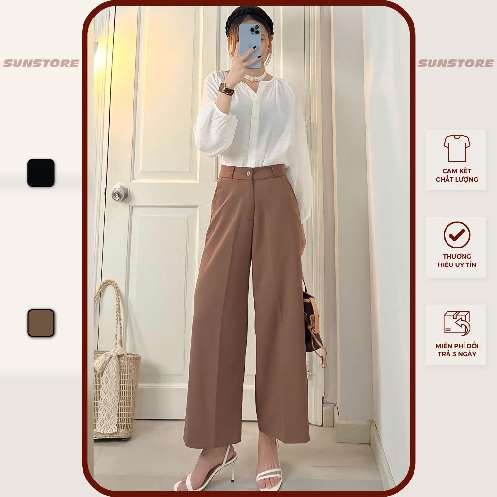 Quần lửng ống rộng nữ culottes lưng cao cạp cao vải dáng suông màu nâu và đen - Sunstore - Đen, Đen