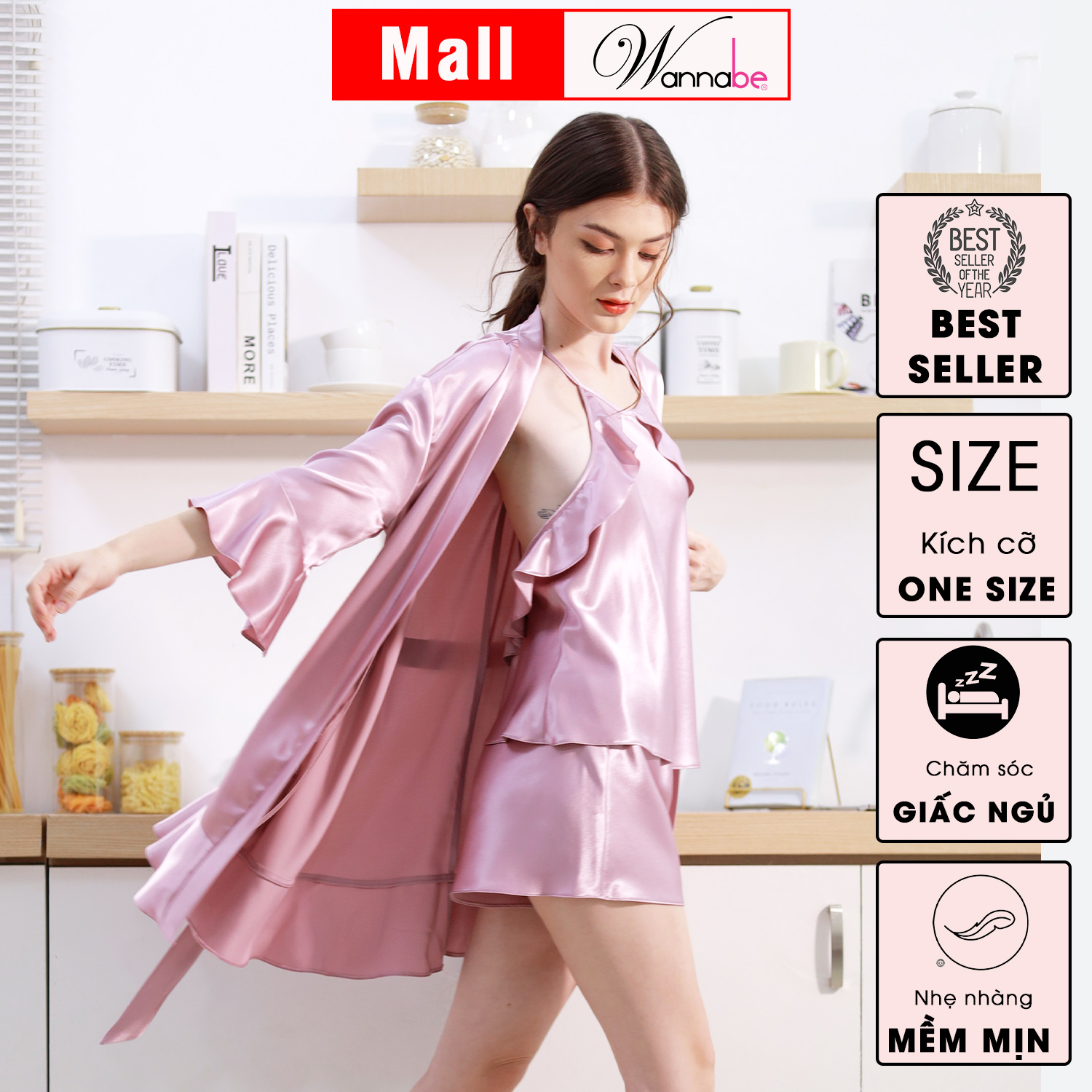 Áo choàng ngủ phi lụa kimono cao cấp Wannabe KIS22 tay loe phối bèo tùng nhẹ nữ tính xinh xắn