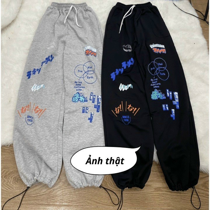 Quần DÀI Ống Rộng IN HÌNH SA.JA Ulzzang Unisex, Quần thu đông ống rộng, chốt ống in sắc nét 2 màu Đen Xám, Quần jogger da cá in hình có dây rút ống form thụng rộng nam nữ unisex ulzzang