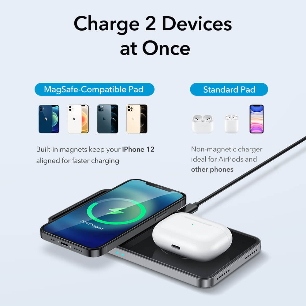 Dock Sạc Đôi Không Dây 2 Trong 1 HaloLock Magnetic Wireless Charger Dùng cho Iphone và Airpods kèm Củ Sạc- Hàng Chính Hãng