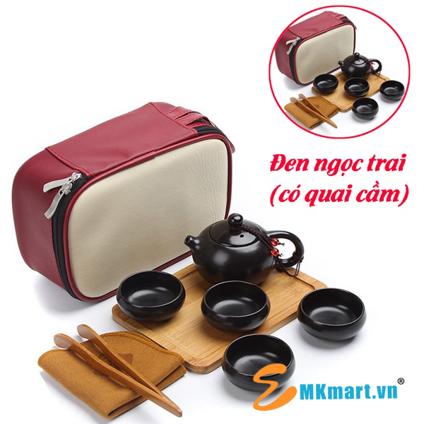 Bộ ấm chén pha trà du lịch - Đen ngọc trai, có quai cầm