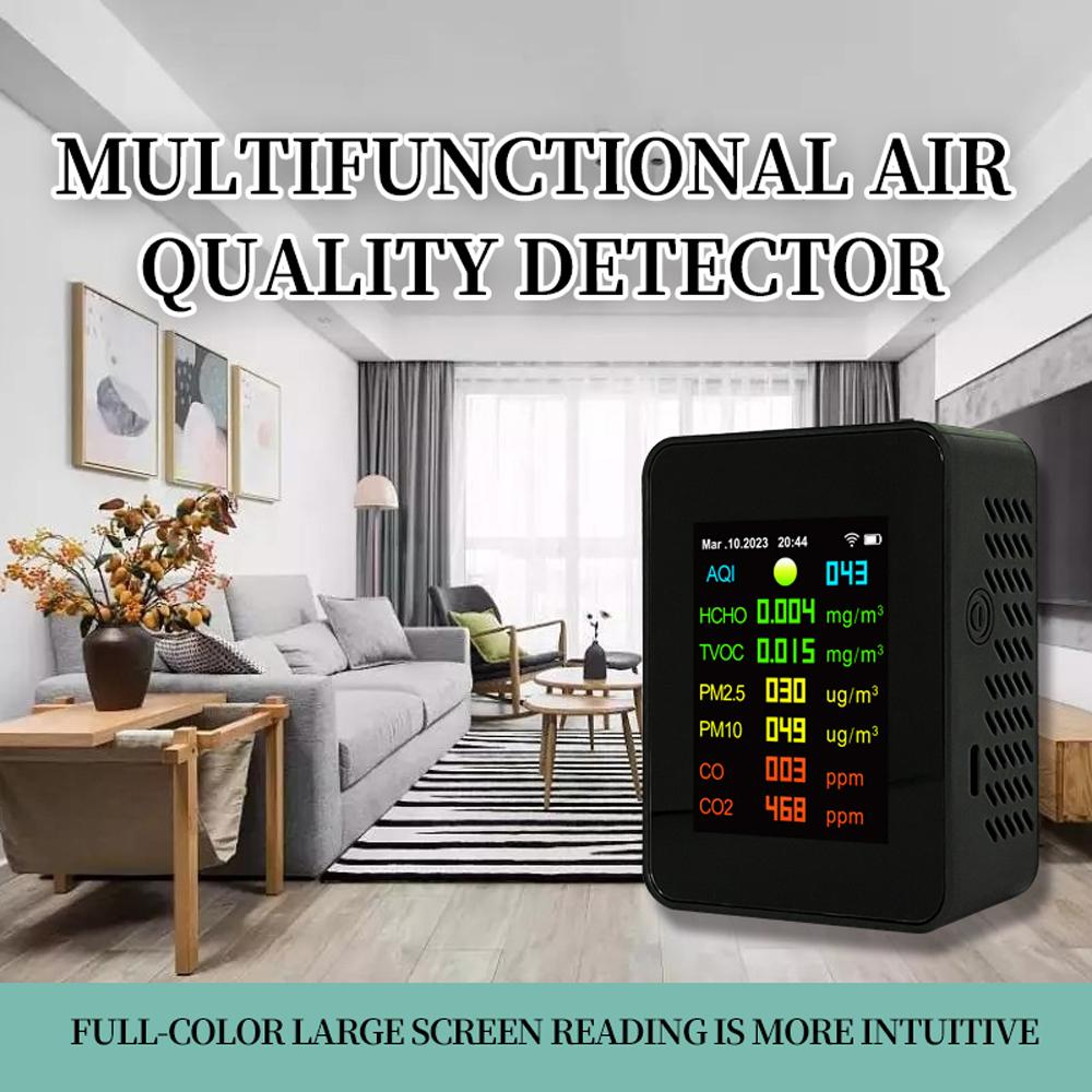Tuya Wifi Portable Air Quality Meter 7in1 PM2.5 PM10 Carbonic Oxide Carbon Dioxide TVOC HCHO AQI Tester TFT Color Screen Carbon Dioxide Detector with Time and Date Display Function