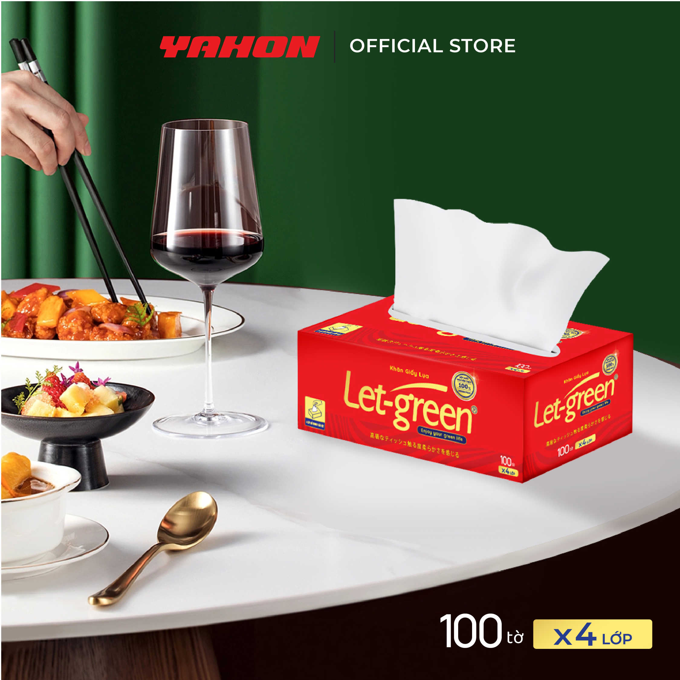 Khăn Giấy Lụa 4 Lớp LET-GREEN 100 Tờ/Hộp, 4 Lớp/Tờ | 100% Bột Giấy Nguyên Thủy