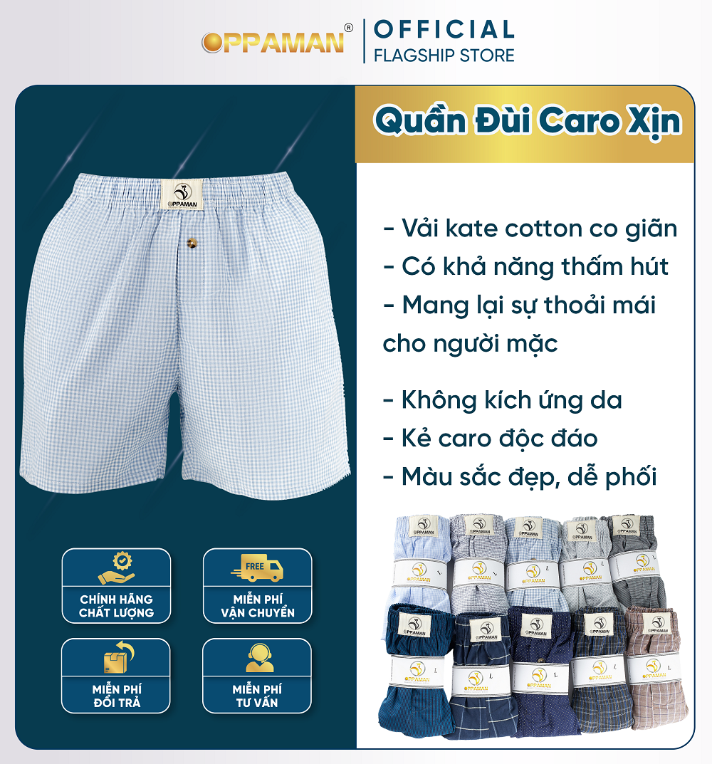 Quần đùi nam caro Oppaman kate cotton có túi khuy cài OD1- 1 cái