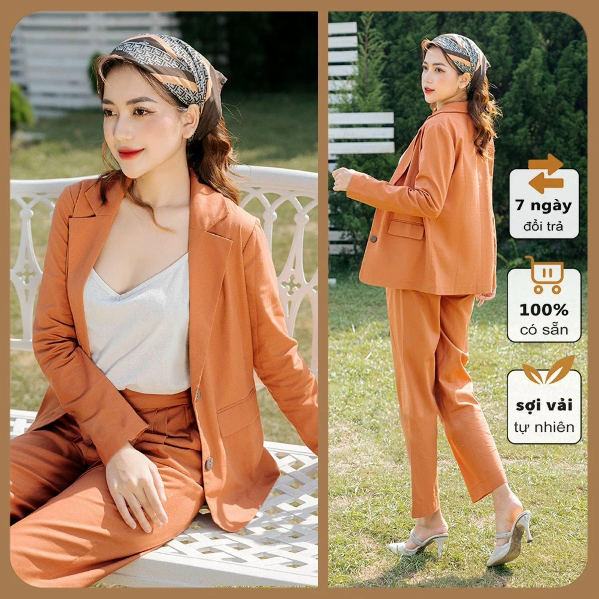 Hình ảnh Bộ vest blazer nữ dáng suông nhẹ vintage chất vải linen mịn thoáng màu cam trẻ trung Đũi Việt