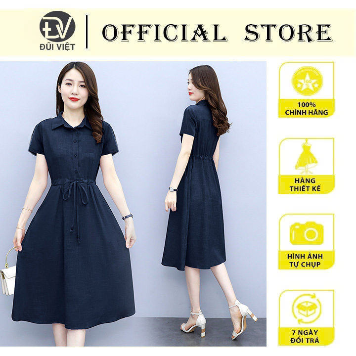Đầm váy sơ mi nữ dáng dài cộc tay, có túi ngực kèm dây rút eo phong cách nữ công sở Đũi Việt