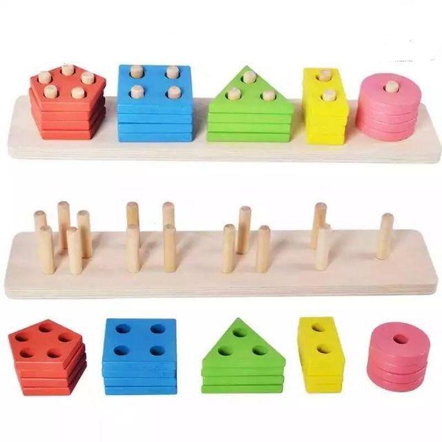 Thả hình 5 cọc học hình khối, màu sắc