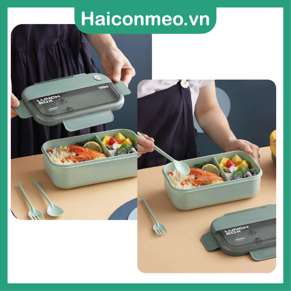 Tặng sticker Hộp Cơm LUNCH BOX Nhựa Dẻo PP Có 2 Ngăn Và Nắp Kèm Đũa Muỗng 1100ml