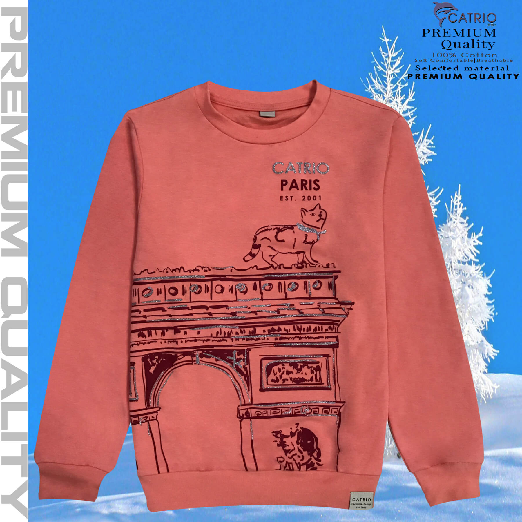 ÁO THU ĐÔNG BÉ GÁI CATRIO PARIS là áo thun cổ tròn tay dài vải 100% cotton an toàn cho bé gái từ 35kg đến 50kg dệt kiểu da cá mặc khi thời tiết lạnh thay thế cho áo len