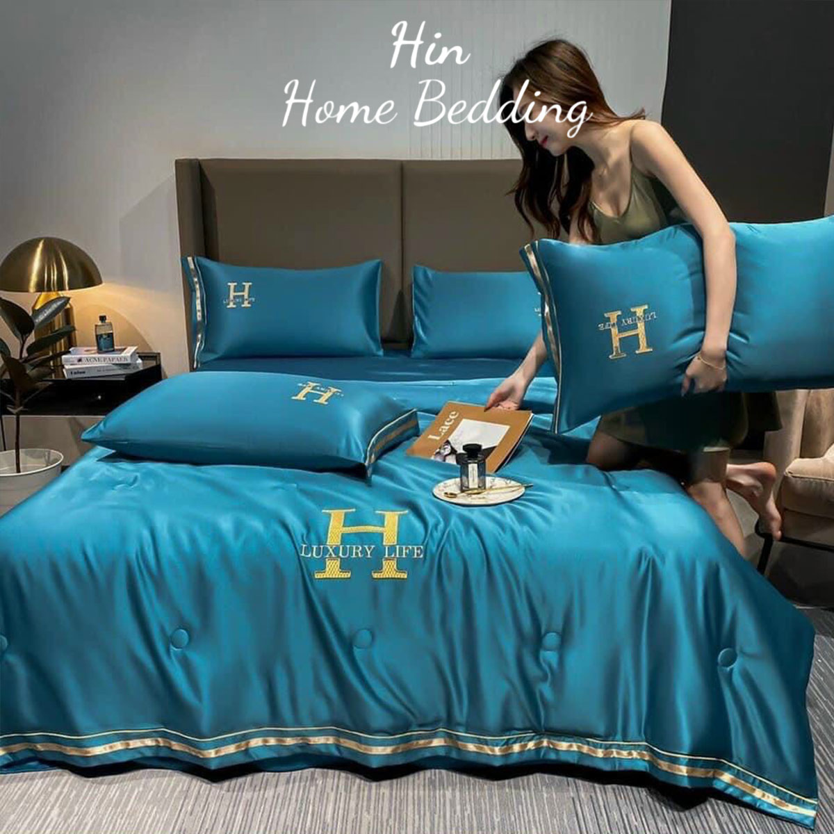 Bộ Chăn Ga Gối Đệm 5 Món Chăn Phao Lụa Thái Hin Home Bedding Drap Giường Lụa Mẫu Xanh Biển