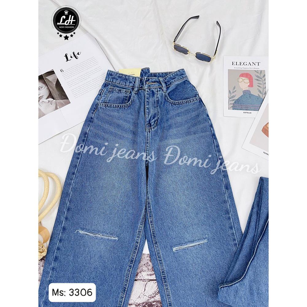 Quần jean ống rộng nữ rách gối 2 line cạp cao Lê Huy Fashion màu xanh đậm MS 3306