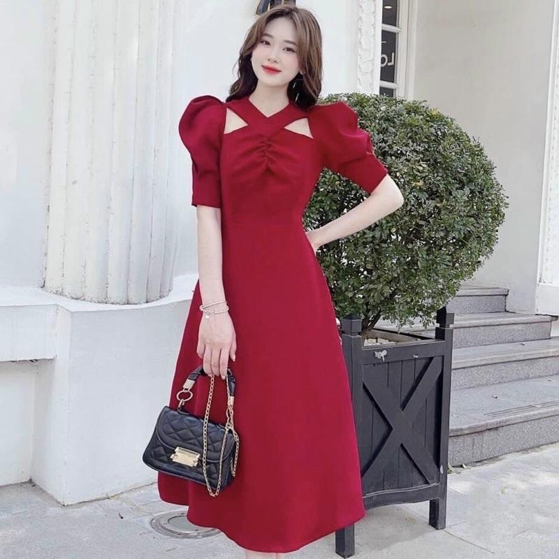 Đầm dự tiệc xoè ngực nhún cổ chéo cách điệu