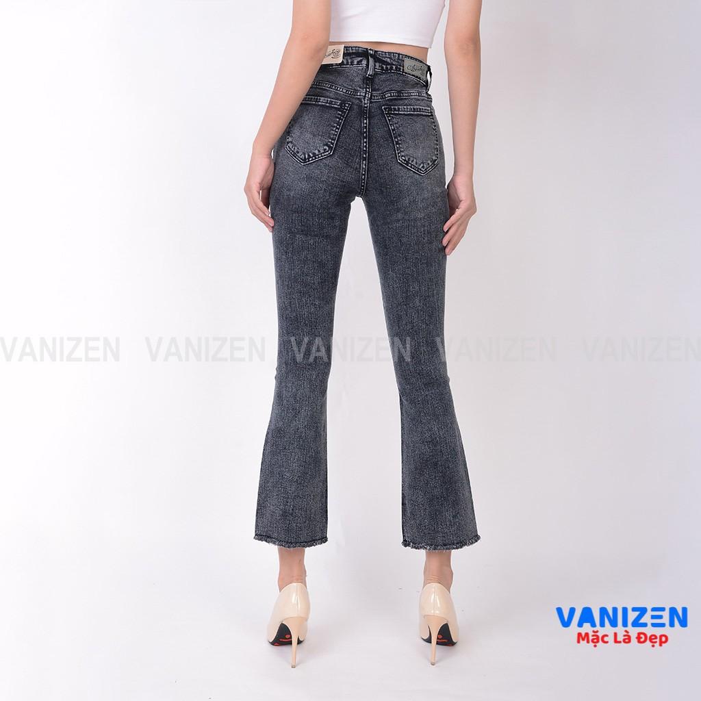 Quần jean nữ ống loe đẹp lưng cao cạp cao xước nhẹ xám khói hàng hiệu cao cấp mã 451 VANIZEN